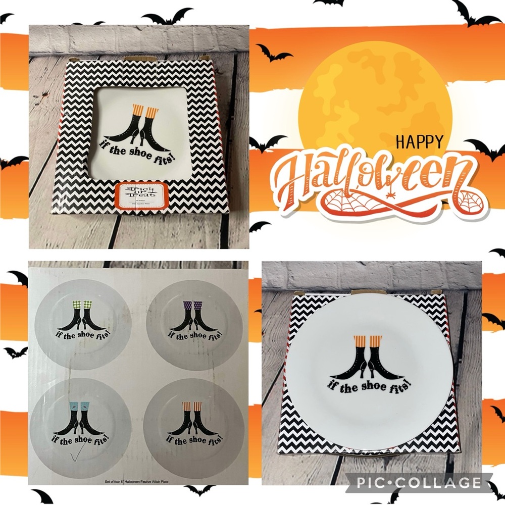 Trick or Treat set of 4 white appetizer or dessert plates - witches shoes